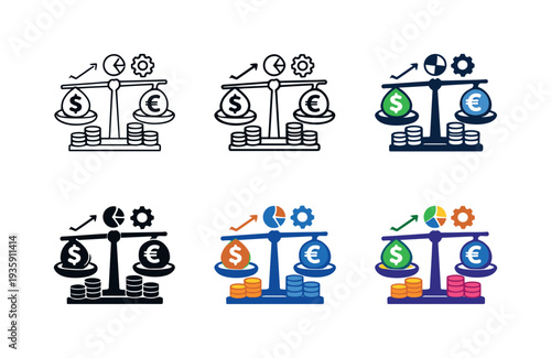 Financial equilibrium icon depicting scales balanced with coins, currency symbols, and economic indicators representing stable