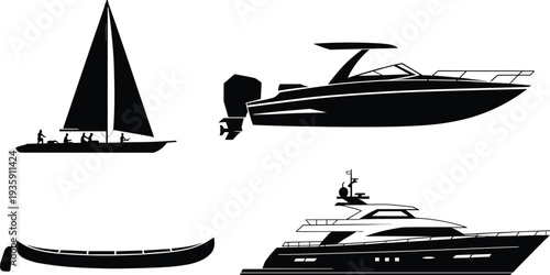 Boat and yacht silhouettes collection including sailboat, motorboat, canoe and luxury yacht, marine transportation vessels set isolated on white background nautical travel concept.
