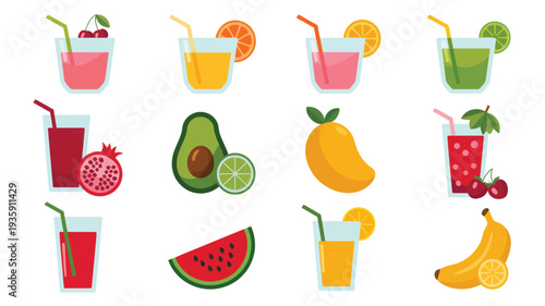 Vibrant collection of flat minimalist illustrations featuring refreshing fruit juices, smoothies, and whole fresh fruits, ideal for healthy lifestyle designs