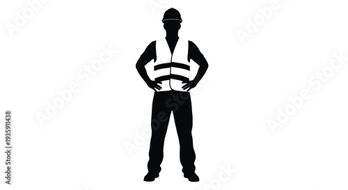 A stark black silhouette depicts a construction worker in safety gear hands on hips against a white backdrop silhouette