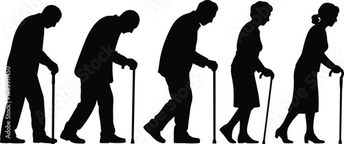 Elderly people walking with cane silhouettes collection showing senior men and women aging posture, retirement lifestyle and old age mobility concept isolated.