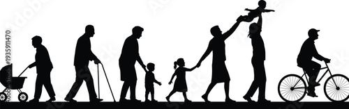 Human life stages silhouette set showing family growth from baby stroller to childhood, adulthood, parenthood and cycling adult, life cycle concept isolated on white background.