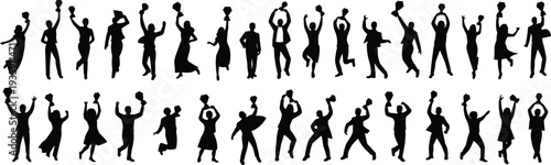 Group of graduate celebration silhouettes with students jumping and holding diplomas, graduation success poses collection, education achievement concept isolated on white background vector set.