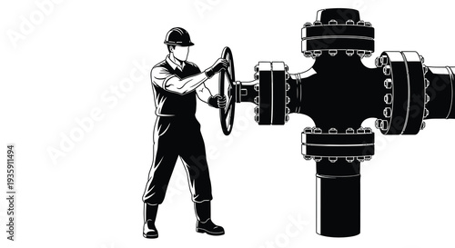 An illustration depicts a worker operating machinery near large pipeline valves presented as a striking silhouette high quality professional