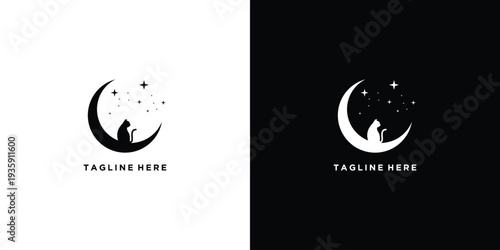 Cat silhouette on crescent moon with stars minimalist logo design.