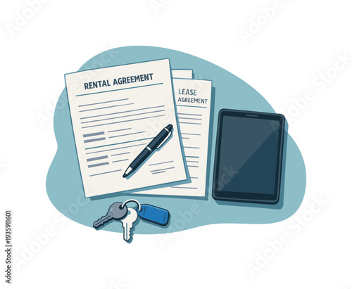 Rental and lease agreements with keys and tablet, symbolizing property transactions