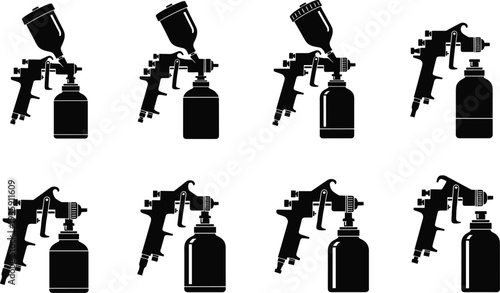 Paint spray gun silhouette set automotive painting tool vector collection isolated on white background