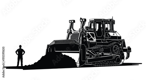 A detailed black and white illustration depicts a large mining dump truck and a human figure silhouette high quality