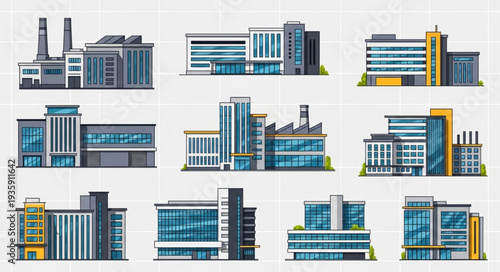 Collection of modern industrial factory buildings and office complexes.