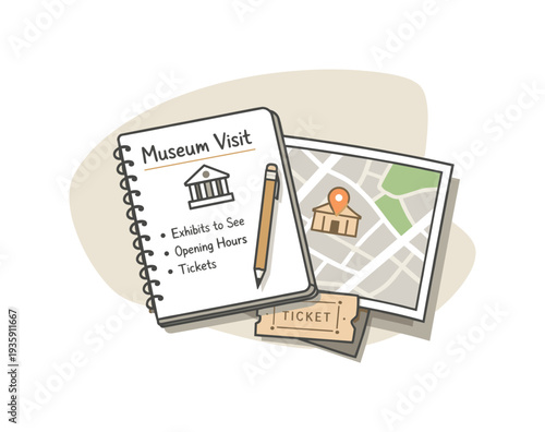 Japandi Museum Planning. Calm museum visit planning concept with notebook and map slightly angled for balance shown from above,