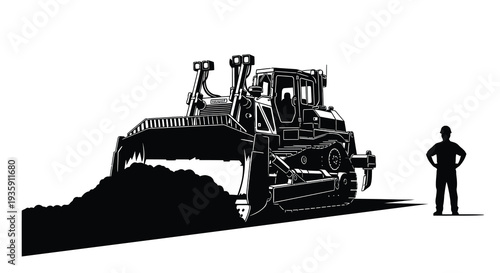 A large black construction bulldozer dominates the scene near a human figure presented as a striking silhouette high quality