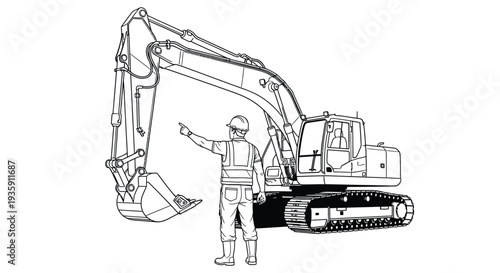 A detailed line drawing depicts an excavator and construction worker emphasizing safety gestures and equipment silhouette high quality professional