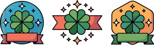 Obraz na plátně St patrick's day badges with four-leaf clovers, ribbons, and sparkling stars on
