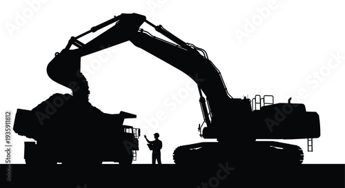 A dramatic black silhouette showcases a large excavator and dump truck with a worker emphasizing industrial power silhouette