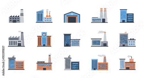 Collection of modern industrial factory buildings and power plants.