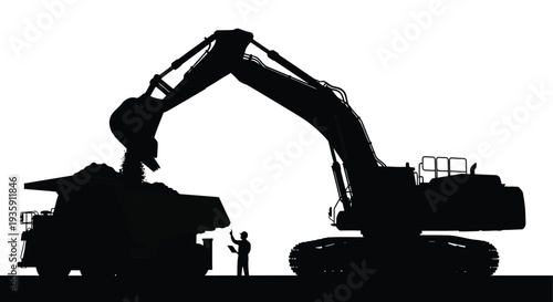 A large excavator dumps a load of material into a waiting dump truck depicted in dark silhouette high quality