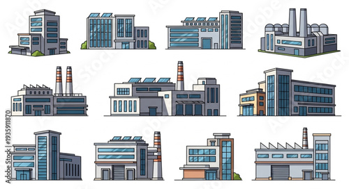 Collection of modern industrial factory buildings and structures.