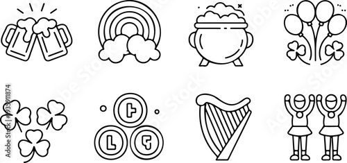 St patricks day black outline icons set for saint patrick celebration. traditional irish culture symbols