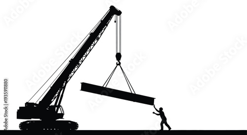 A dramatic black silhouette depicts a large construction crane lifting a heavy steel beam with a worker nearby silhouette