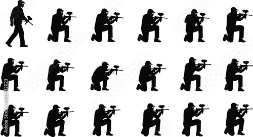 Paintball player silhouettes aiming and kneeling action poses extreme sport vector set isolated on white background