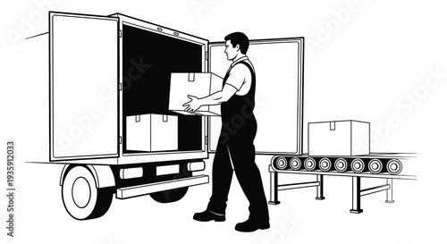 A delivery worker unloads cardboard boxes from the back of a truck depicted in a stark silhouette high quality