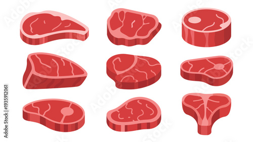 Raw Meat Cuts Collection Flat Design Vector Illustration Isolated on White