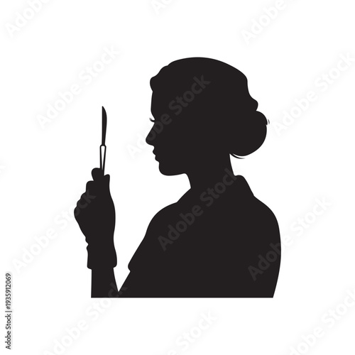 Black silhouette of a woman in profile holding a surgical scalpel in her gloved hand on a white background 