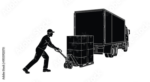A delivery worker uses a hand truck to move boxes towards a large transport truck depicted as a silhouette