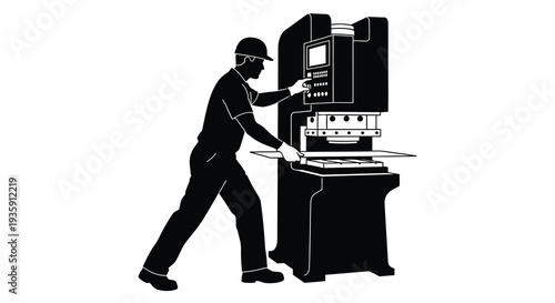 A worker operates complex industrial machinery in a factory setting depicted as a striking visual silhouette high quality professional