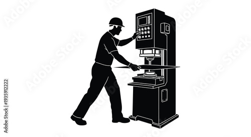 A skilled worker operates complex machinery in a manufacturing environment depicted as a striking silhouette high quality professional detailed