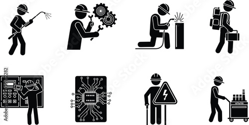 Industrial technician icon set with stick figure characters welding fixing gears using control panels and handling electrical circuits for engineering projects