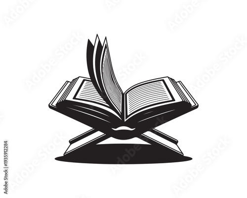 Open book on a wooden stand with pages fanning out black and white book stand
