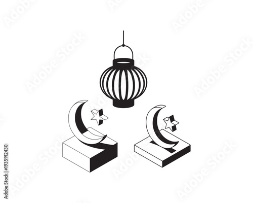 Three isometric black and white a lantern and two crescent moons with stars on pedestals 