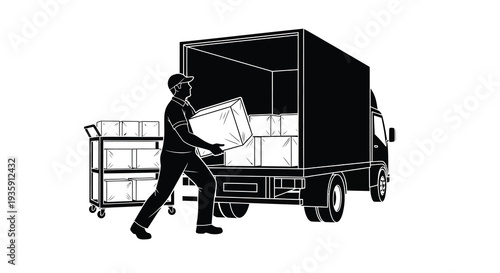 A worker is loading boxed items from a dolly onto a moving truck depicted in a striking silhouette