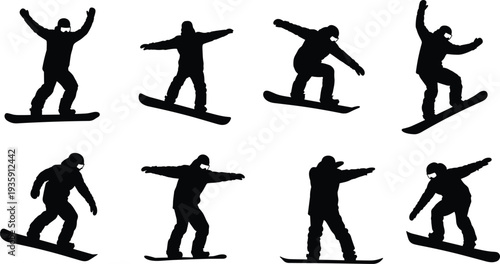 Snowboarder Silhouette Set Winter Extreme Sport Athlete Jumping Riding Snowboard Action Isolated on White Background