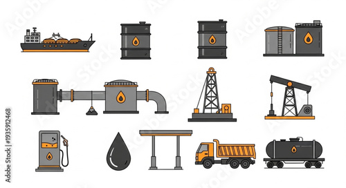 Collection of oil industry related icons and illustrations.