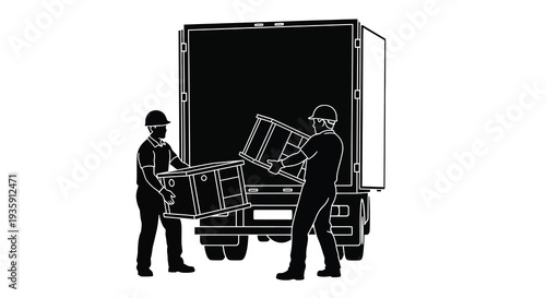 Two workers unloading wooden crates from a large truck depicted in a stark black and white silhouette high quality