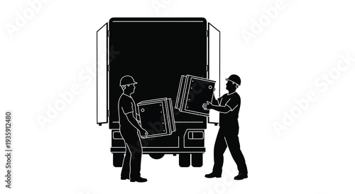 Two workers are carefully unloading large square objects from a delivery truck depicted as a striking silhouette high quality
