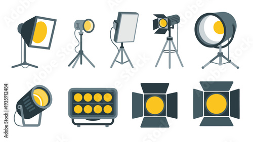 Studio Lights Equipment Collection Isolated on White Vector Illustration