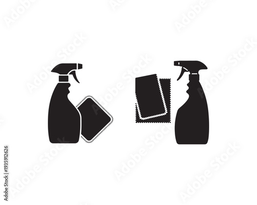 Two black silhouette spray bottles with trigger sprayers next to folded microfiber cleaning cloths on a white background