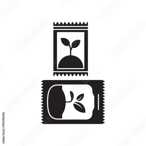 Two black silhouette seed packets featuring sprout on a white background
