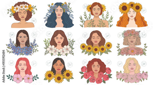 Diverse Women Portraits Adorned with Flowers Isolated on White Vector Illustration