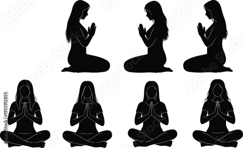 Woman praying and meditating silhouettes yoga meditation pose female spiritual practice vector set isolated