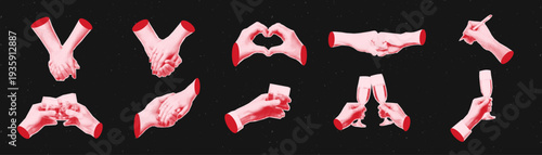 Halftone collage set of expressive hand gestures including handshake, pointing, heart hands and champagne toast. Retro pop art cut-out graphics for posters, branding and creative designs.