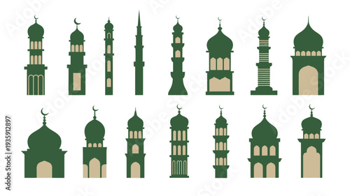 Green Mosque Minarets Collection Flat Vector Illustration Isolated on White