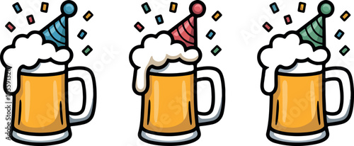 Three colorful beer mugs with party hats and confetti for celebrations isolated on transparent background