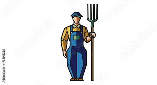 Farmer Standing with Pitchfork in Overalls.