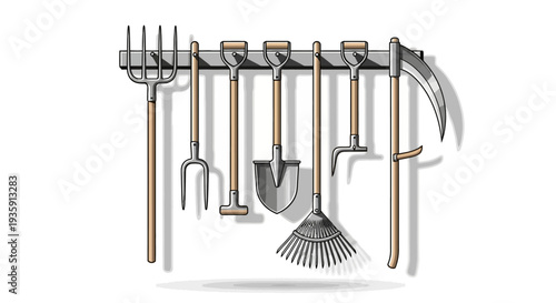 Gardening Tools Organized on Metal Rack.