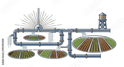 Irrigation System with Water Tower and Pipes.