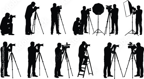 Photographer and videographer silhouettes set, professional cameraman with tripod and lighting equipment, film crew, cad drawing flat vector illustration.